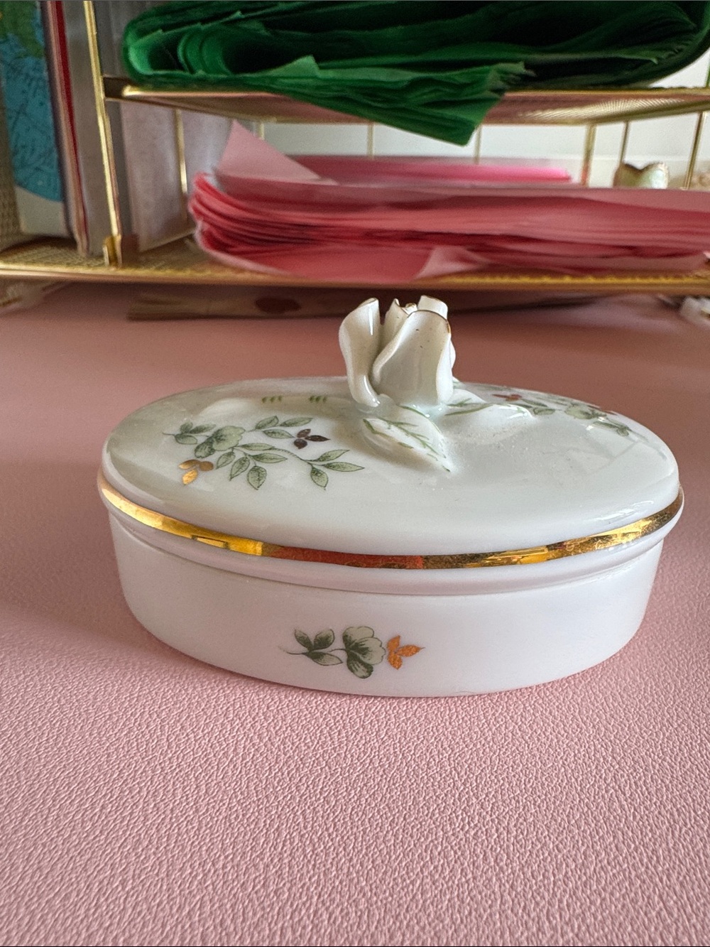 Vintage Hollóháza Hungary Porcelain Lidded Trinket Box with Rose